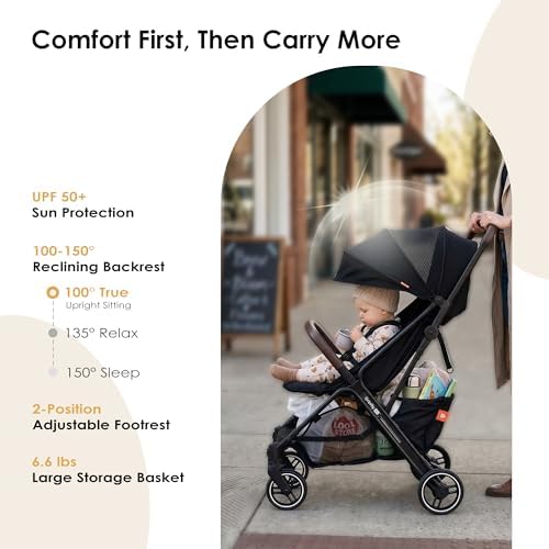 LullaRide Lightweight Travel Stroller, One-Hand Fold Airplane Carry-On, Compact Baby & Toddler Stroller with Cup & Phone Holder, 6.6 lbs Capacity Basket, Adjustable Reclining Backrest, Black - 3