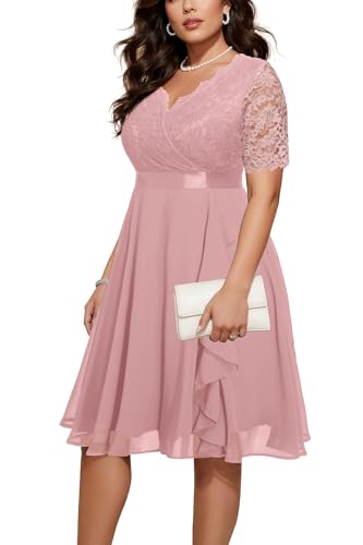 Image of Talisea Plus Size Wedding Guest Dress - Formal Cocktail Party Ruffle Elegant Tea Length Lace Chiffon V Neck Midi Dresses