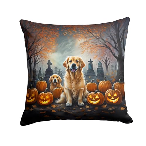 Caroline's Treasures DAC2041PW1414 Golden Retriever Spooky Halloween Fabric Decorative Pillow Machine Washable, Indoor Outdoor Decorative Pillow for Couch, Bed or Patio, 14Hx14W