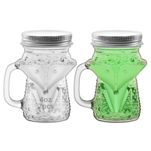 eispap 2 Pcs fox 4 oz Mini Mason Jar Mugs Mason Jar Mugs with Handles and Lids Small Drinking Glass and DIY Favor Decor Wedding Bridal Shower Party Supplies for Drinks, Gifts, Candles and Crafts