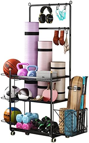 Yoga Mat Storage Racks Home Gym Storage Rack for Dumbbells Kettlebells Foam Roller Yoga Strap and Resistance Bands All in One Workout Storage Multifunction Exercise Equipment Gym Rack Organizer with Wheels and Hooks