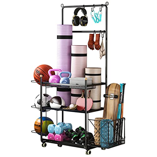 Yoga Mat Storage Racks Home Gym Storage Rack For Dumbbells Kettlebells Foam Roller Yoga Strap And Resistance Bands All In One Workout Storage Multifunction Exercise Equipment Gym Rack Organizer With Wheels And Hooks #TOP2
