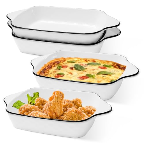 Lot de 4 plats à gratin rectangulaires en céramique, plats à lasagnes, résistants à la chaleur (motif losanges blancs)