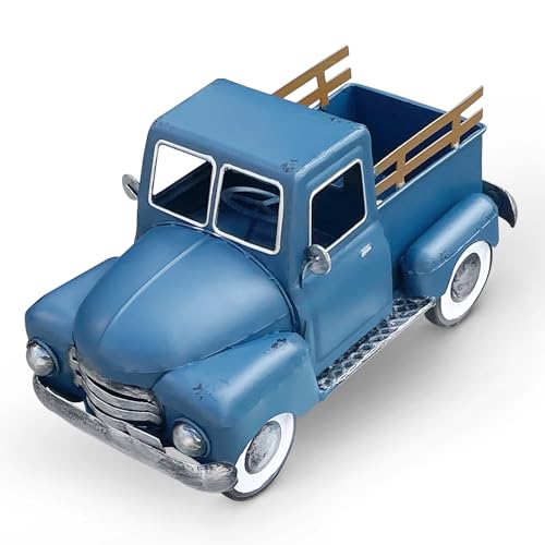 Farmhouse Blue Metal Truck Decor, Vintage Trucks Planter ,Decorative Rustic Pickup Farm Tabletop Storage Table Centerpiece for Office , Desk, Country Style Home & Kitchen Shelf Garden Decoration