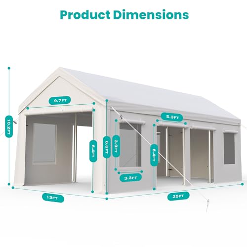 13x25ft Carport, Heavy Duty Carport with Reinforced Steel Poles, Upgraded Portable Garage with Doors & Window, UV Resistant All-Season Waterproof Tarp, for Car, Truck, Boat(White)