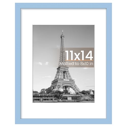 Image of upsimples 11x14 Picture Frame, Display Pictures 8x10 with Mat or 11 x 14 Without, Wall Hanging Photo Frames, Blue, 1 Pack