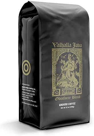 Death Wish Coffee Valhalla Java Dark Roast Grounds, 12 Oz, Extra Kick of Caffeine, Bold & Intense Blend of Arabica Robusta Beans, USDA Organic Ground Coffee, Powerful Coffee for Morning Boost