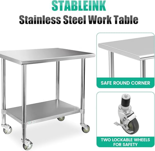 Image of STABLEINK NSF Stainless Steel Prep Table 36x30 with Wheels, Metal Work Table with Adjustable Undershelf, for Commercial Kitchen, Restaurant, Hotel, Laundry and Garage