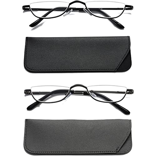 Hubeye 2 works Half Moon Reading Glasses Metal Slim Half Frame Lens Ultra Thin Readers With Spring Hinges for Men and Women 1.50