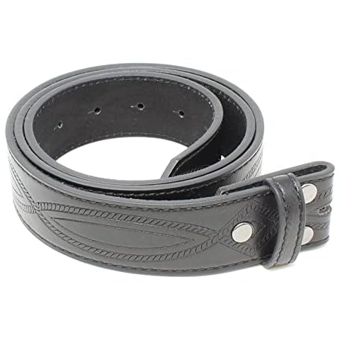 Leather Belt Strap with Fancy Saddle Stitch Embossed Pattern 1.5" Wide with Snaps, Black, X-Small (26-28) Cover