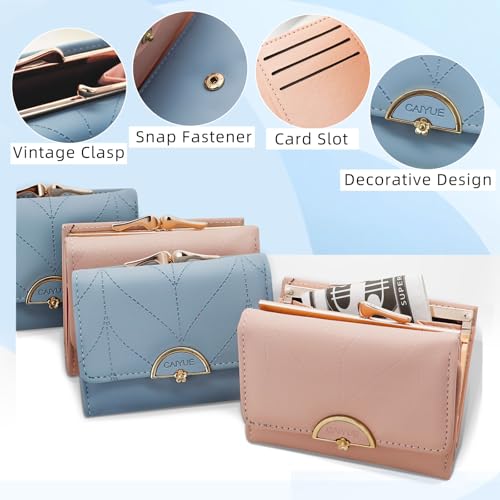 FuninCrea Small Wallets Woman, Faux Leather Trifold Ladies Wallet Kiss Lock Coin Purse for Women with 5 Card Slots and Metal Snap Closure (Blue)3