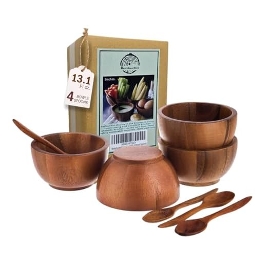 BestySuperStore Acacia 5" Round Wooden Bowls, Small Wood Bowl for Soup, Side dish, Salad Dressing, Dip Sauce, Nuts, Candy, Fruits, Appetizer, and Snacks, Dia 5"x 2.5" H - Set of 4 (FREE 4 Wood Spoons)