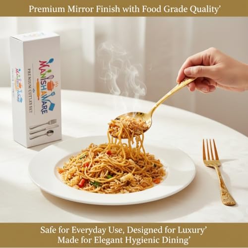 Image of Classic Gold 24 Pcs Stainless Steel Cutlery Set for Dining Table, Dishwasher Safe Glossy Flatware (Perfect Spoon Fork Set)