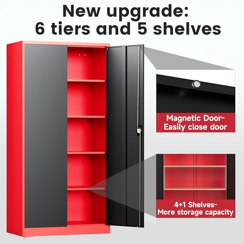 Image of Letaya Metal Storage Cabinets with Lock, 72 inch Tall Locker Organizer Steel Cabinets, Adjustable Layers Shelves 2 Doors for Home, Office, Warehouse,Garage(Black Red)