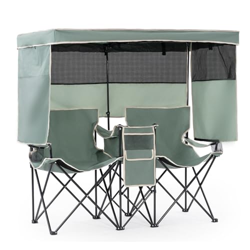 WTVIDAS Double Beach Chair with Canopy Shade Oversized Camping Chairs with Canopy Cooler Bag & Cup Holder Folding Loveseat for Camp Fishing Beach