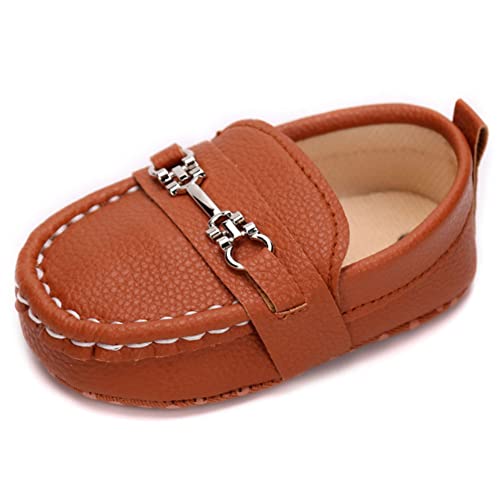 LONSOEN Infant Shoes Boys Loafers Baby Girls Crib Moccasins Classic Synthetic Leather Wedding Dress Shoes,BAY209 Brown 6-12 Months