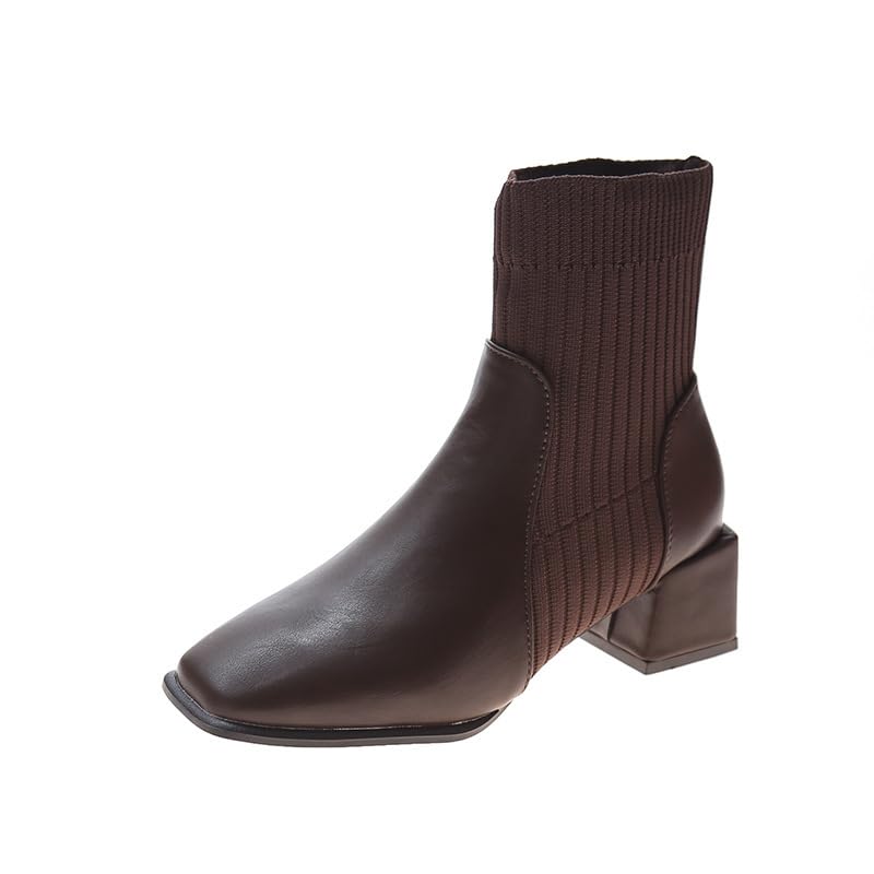 Womens Ankle Boots Block Heel Sock Booties Square Toe Chunky Low Heel Knit Chelsea Slip On Fall Elastic