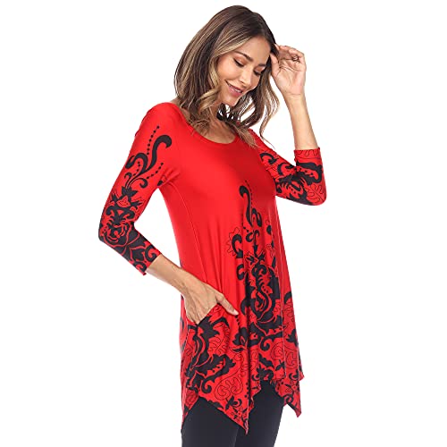 White Mark Women's ''Yanette'' Paisley Floral Print Tunic Top (Red & Black, Large)2