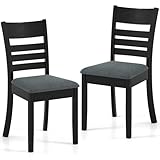 COSTWAY Wooden Dining Chairs Set of 2, Solid Rubberwood Frame Kitchen Side Chairs w/Upholstered Padded Seat & High Slat Back, Mid-Century Modern Dining Chair for Dining Room Kitchen (Black)