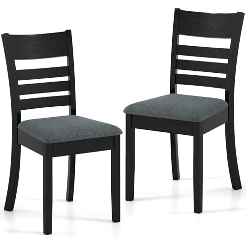 Image of COSTWAY Wooden Dining Chairs Set of 2, Solid Rubberwood Frame Kitchen Side Chairs w /Upholstered Padded Seat & High Slat Back, Mid-Century Modern Dining Chair for Dining Room Kitchen (Black)