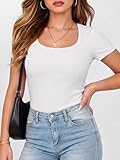 ANRABESS Women Short Sleeve Tops Scoop Neck Ribbed Knit Slim Fitted Basic Tee Shirt Casual Summer Clothes 2026 Spring Outfits White Small