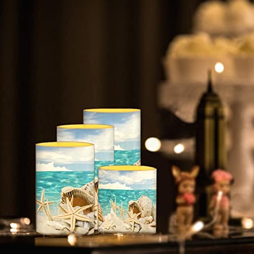 Image of LED Flickering Candles Battery Operated Candles Set of 4 with Remote Control Timer Dancing Flame Pillar Candles Home Table Coastal Decoration, Beach Sky with Starfish