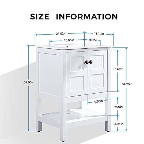 Delavin 24" Single Modern Bathroom Vanity Set With White Undermount Vessel Sink, Free Standing, 2 Doors Wood Bathroom Storage Cabinet (White) #TOP5