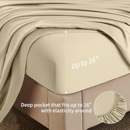 Image of Shilucheng 6 Piece California King Sheet Sets, Cooling Sheets, Blend Rayon Derived from Bamboo, Deep Pocket Up to 16 inch, Breathable & Soft Bed Sheets, Hotel Silky Bedding Set, Beige