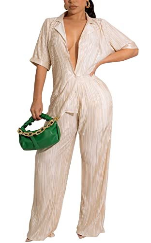 Halfword Women's 2 Piece Casual Outfits Short Sleeve Button Down Shirt High Waist Long Pants Loungewear Streetwear Suits Champagne M