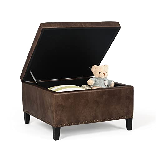 Adeco Large Square Storage Ottoman Bench, PU Leather Tufted Upholstered Coffee Table Footstool Footrest with Wood Legs for Living Room Bedroom, Coffee - Thumbnail 4