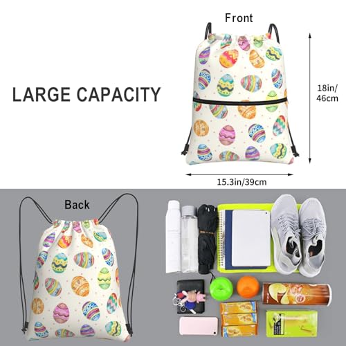 Image of Easter Eggs Drawstring Bag, Waterproof Drawstring Bckpack for Gym Sports Easter Party Gift, Women Men Sackpack Bag with Front Zipper Pocket and Inside Zipper Pocket