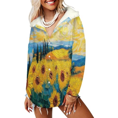 Blouson femme hiver imprimé tournesols : veste mi-longue en polaire jaune à capuche