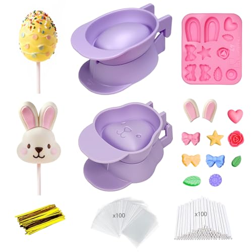 Lumyrilix 2 Pcs Easter Cake Pop Molds with 100 Sticks & Silicone Fondant Mold Bunny&Egg shaped Cake Pop Mold | Non-3D Printed | Dishwasher Safe | Baking Molds for Family Holiday Desserts