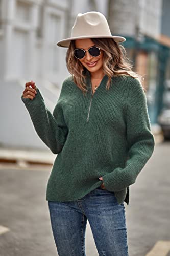Zaful Womens 1/4 Zipper Long Sleeve V Neck Casual Ribbed Knit Half Zip Pullover Tunic Sweater With Slit Green #TOP4