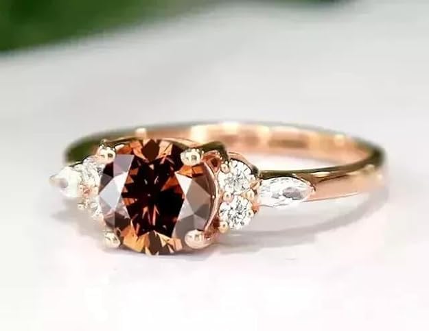 DJCREATION-US 2CT Round-Cut Brown Lab Created Diamond Solitaire Ring, 14K Rose Gold Plated Sterling Silver, Size 4-12