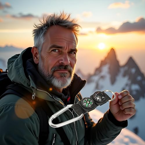 Carabiner con brújula y termómetro metálico compacto para camping miniatura 5