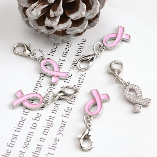 CRAFFANCY 100 Pcs Pink Ribbon Pendant with Clasps, Breast Cancer Awareness Alloy Ribbon Charms for Jewelry Making - Image 4