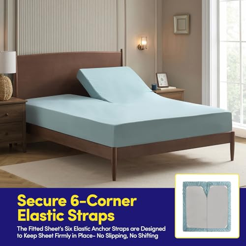 Image of Split Head King Sheets Set for Adjustable Beds 4 Piece Flex Top Bed Sheets - Deep Pocket Split Top Fitted Sheet with Built-in Corner Straps, Luxury Soft Cooling Bedding, Wrinkle Resistant, Misty Blue