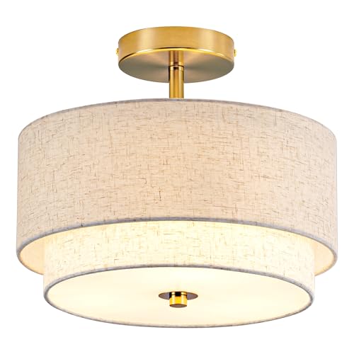Zlepmlla 12.6'' Semi Flush Mount Ceiling Light, Gold Light Fixture with Two Layers Fabric Linen Shade, 3-Light Drum Light Fixture for Entryway Bedroom Hallway Foyer Kitchen