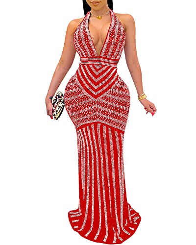 Image of PORRCEY Women's Sexy Rhinestone Mesh See Through Party Night Prom Dress
