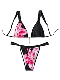 MakeMeChic Women's Floral Print 2 Piece Bikini Sets Tie Back Triangle Thong Bathing Suit Swimsuit Floral Black Medium