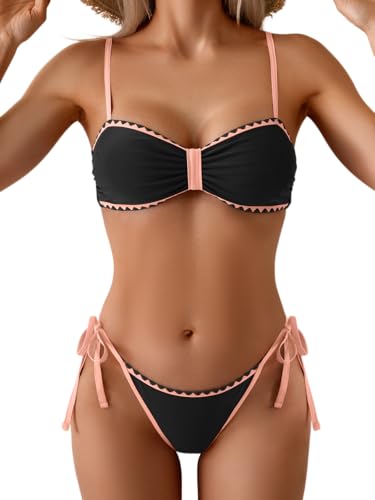 Ensemble bikini B2prity sexy deux pièces, Blocs de couleur, Noir Rose, XX-Large