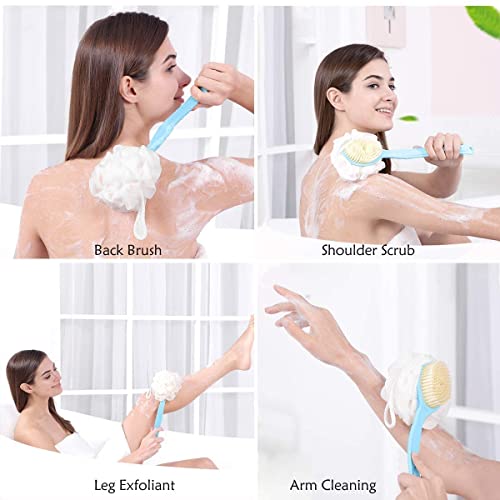 Image of 2-in-1 Loofah & Bristle Bath Brush - Curved Back Scrubber with Long Handle for Body Cleaning (Multicolour Mix)