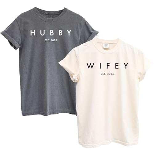 Couple T-Shirt for Men Women Hubby and Wifey Est. 2026 Honeymoon Shirt 100% Cotton Retro Look Oversized Graphic Tee (Ivory Large)