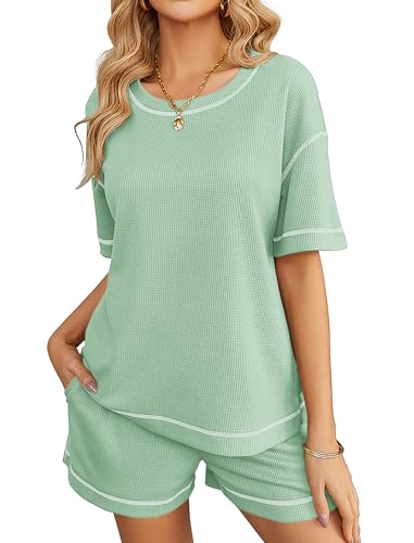 Image of Ekouaer Women's Waffle Knit Two Piece Lounge Set, Soft Matching Outfits for Daily Wear, Casual Shorts Set with Pocket