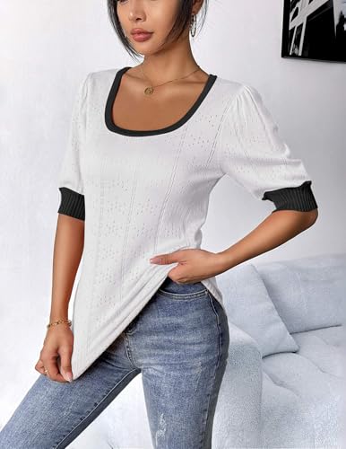 Image of HOTOUCH Sweater for Women 2024 Fall Trendy Puff Tops Casual Eyelet Knit Square Neck Tunic Shirt Blouses White Black Colorblock M