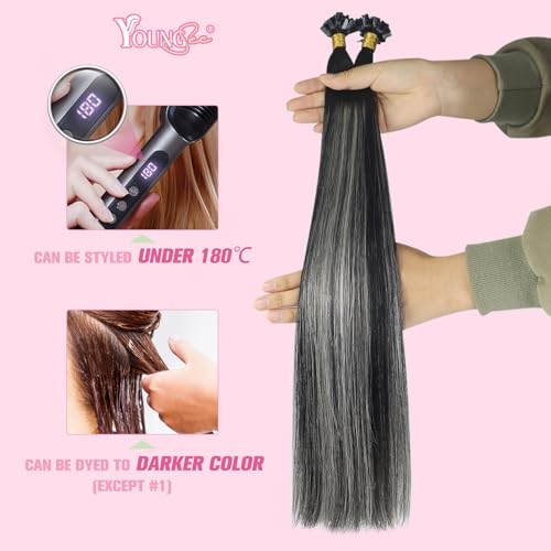 Image of YoungSee K Tip Extensions Human Hair Ombre Remy Ktip Hair Extensions Natural Black Roots to Silver Grey Balayage Ktip Human Hair Extensions Long for Women 24inch 50g 50s