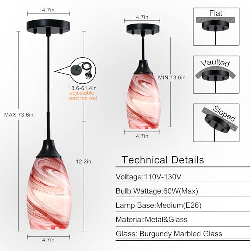 Image of Viinew Mini Glass Pendant Light,Burgundy Marble Glass Hanging Light