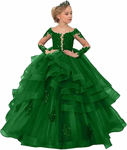 Long Sleeve Ball Gown Flower Girl Dresses Appliques Tulle Princess Pageant Prom Dress4