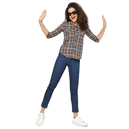 Image of PINACOLADA Women's Navy Blue & Yellow Ochre Tartan Plaid Shirt for Casual Wear | Spread Collar | Long Sleeve | Button Closure | Shirt Crafted with Comfort Fit for Everyday Wear